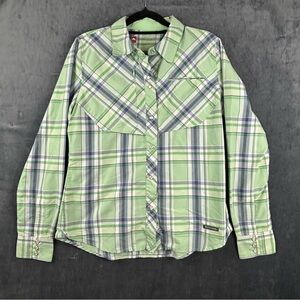 Simms Women’s Guide Series Big Sky long sleeve Pearl Button Down in celery Sz M